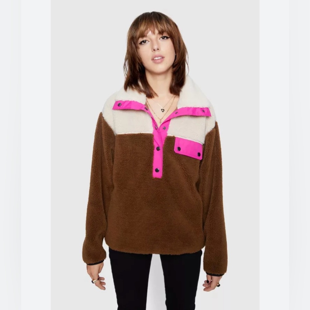 NWOT Rebecca Minkoff Pullover Brown Pink Colorblock Long Sleeve Collard Faux Fur